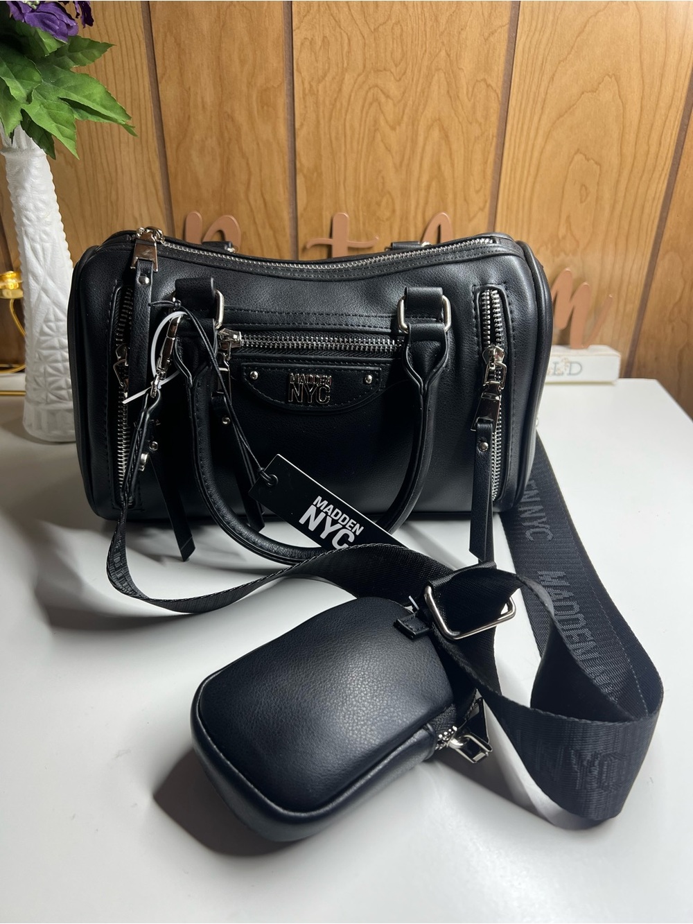 Madden NYC Black Leather Crossbody Barrel Bag with Detachable Strap